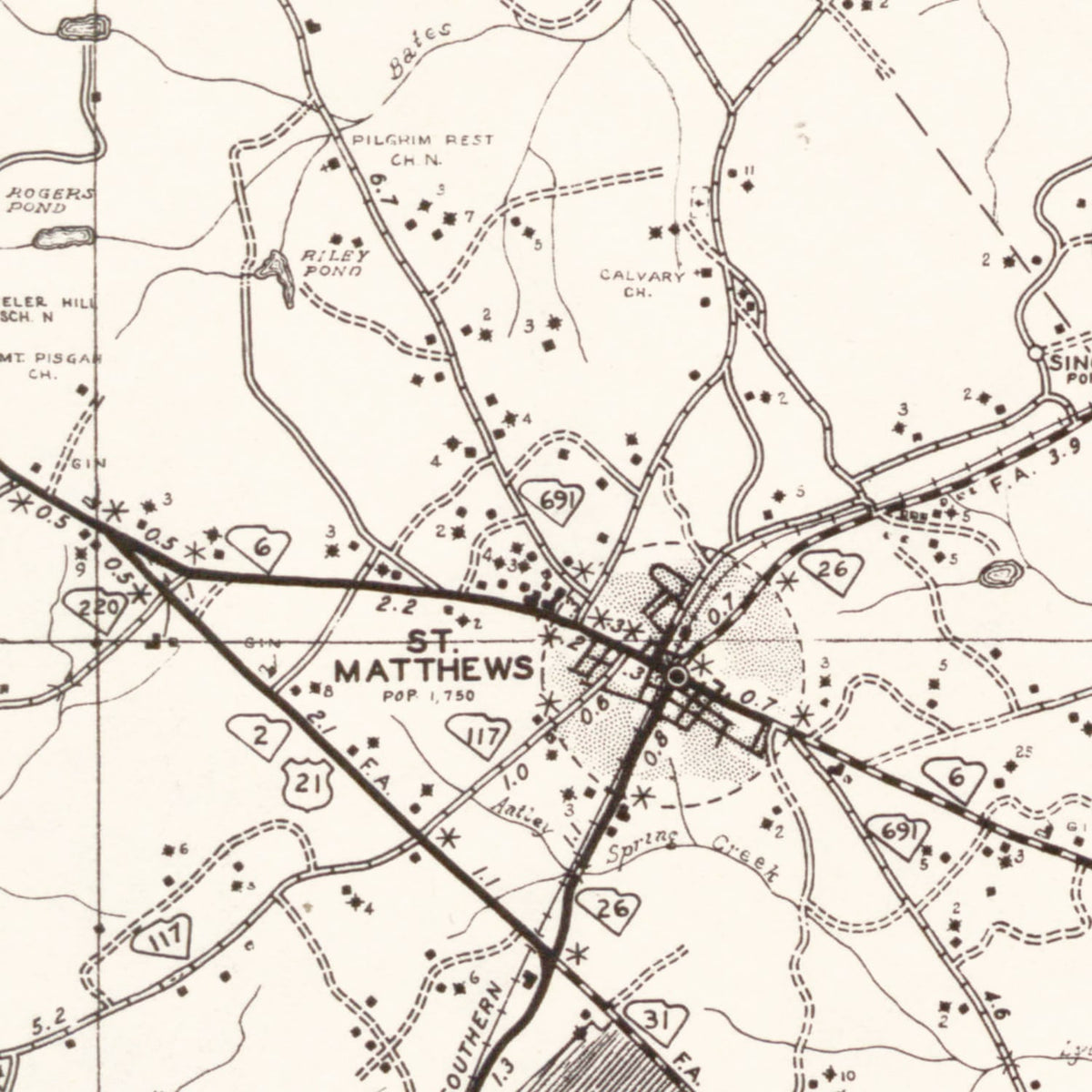 Restored historic details from the 1938 county map of Calhoun County, South Carolina