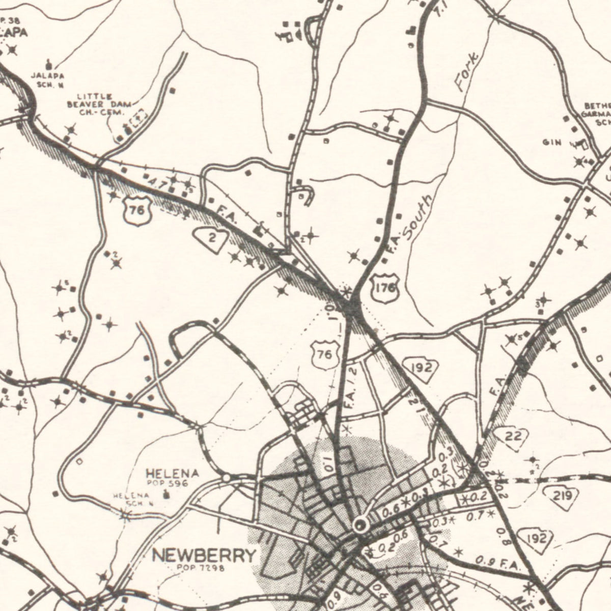 Restored historic details from the 1938 county map of Newberry County, South Carolina