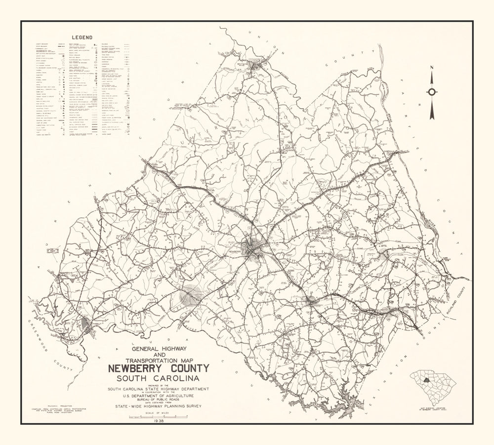 Vintage Map of Newberry County, South Carolina 1938 print style example