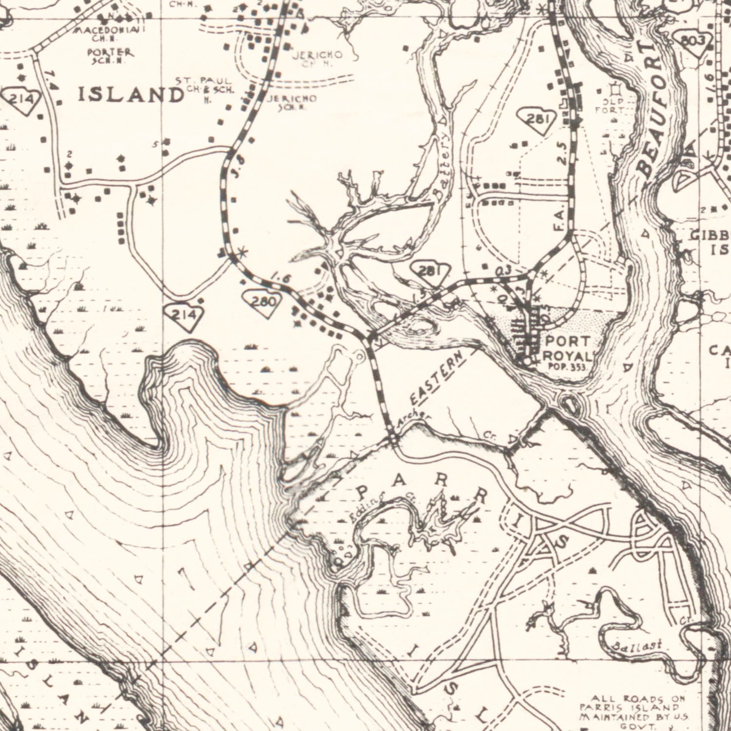 Restored historic details from the 1938 county map of Beaufort County, South Carolina