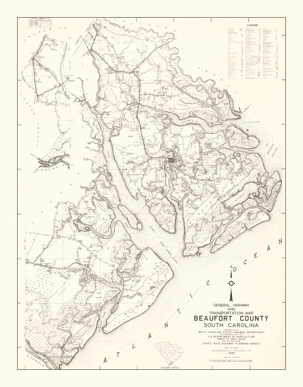 Vintage Map of Beaufort County, South Carolina 1938 print style example