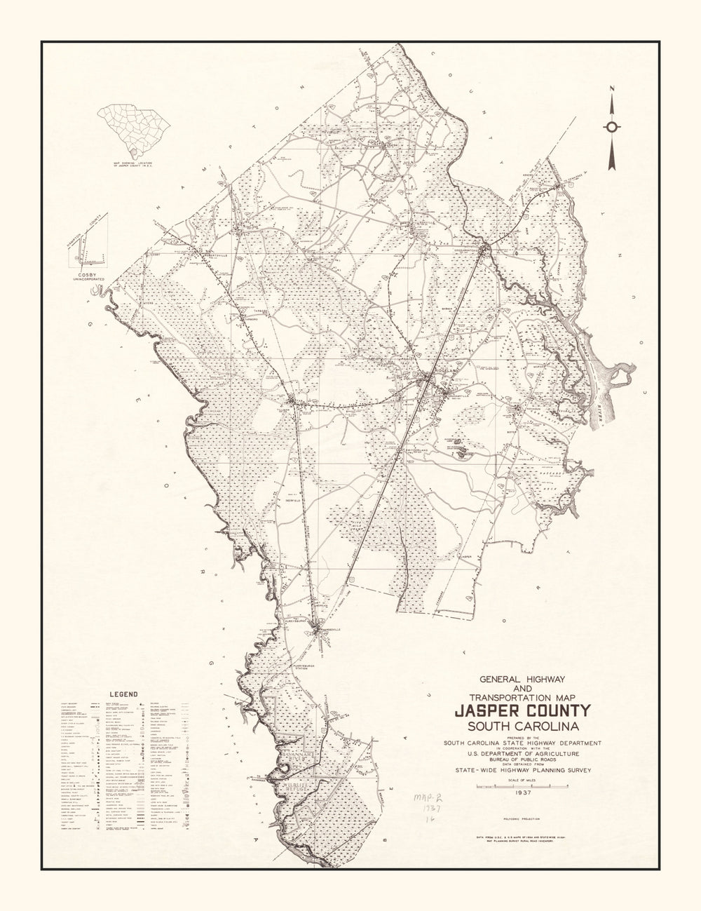 Vintage Map of Jasper County, South Carolina 1938 print style example