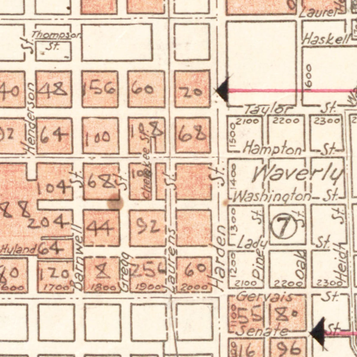 Restored historic details from the 1937 city map of Columbia, South Carolina