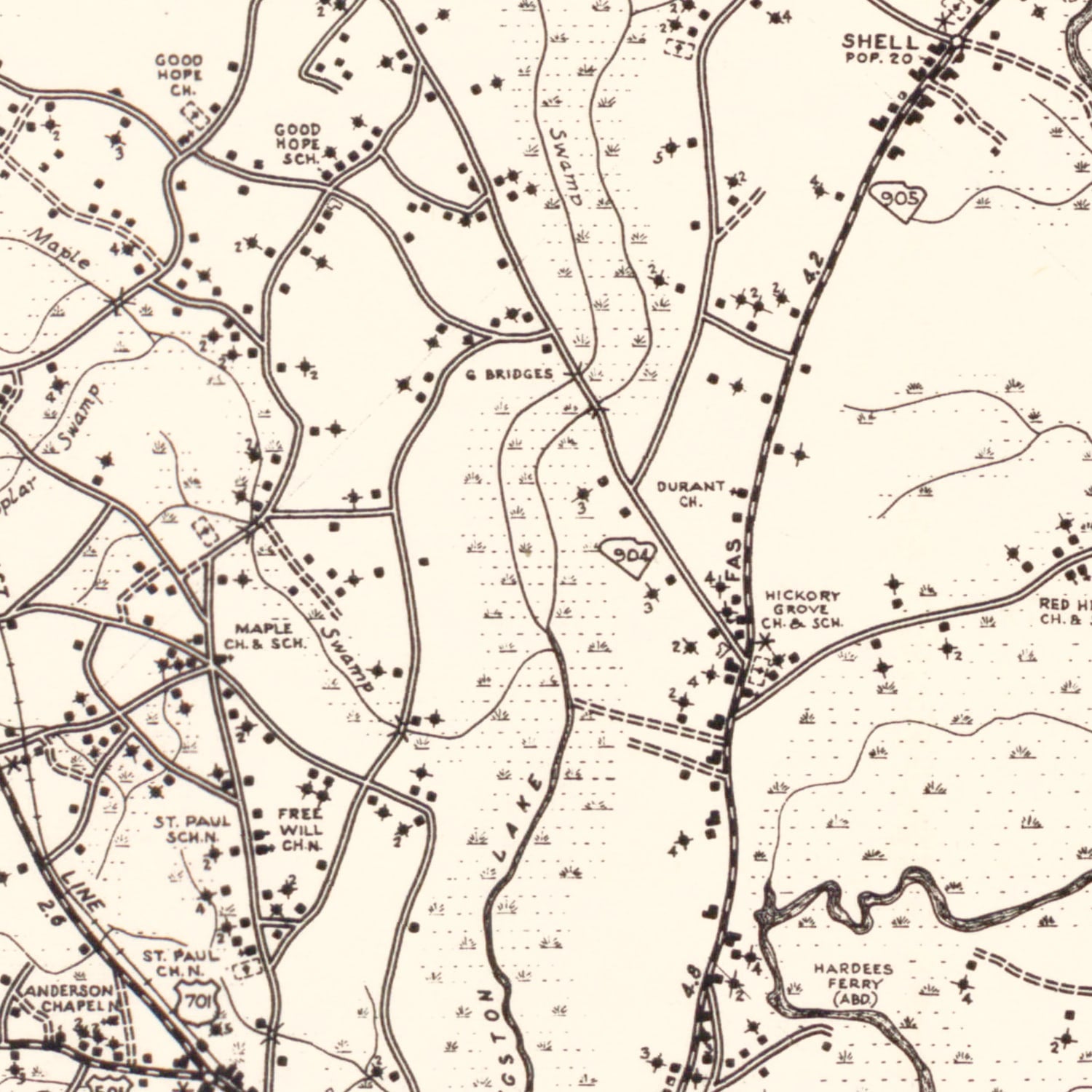 Restored historic details from the 1939 county map of Horry County, South Carolina