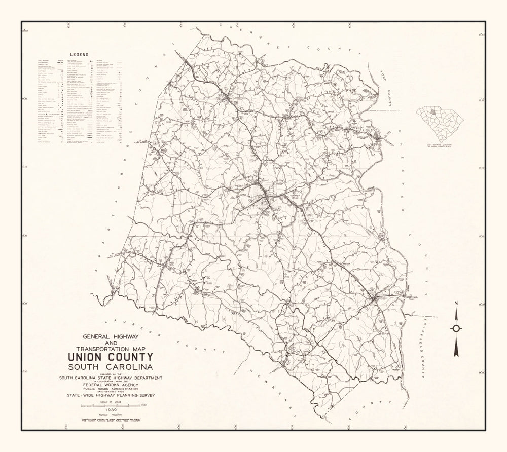 Vintage Map of Union County, South Carolina 1939 print style example