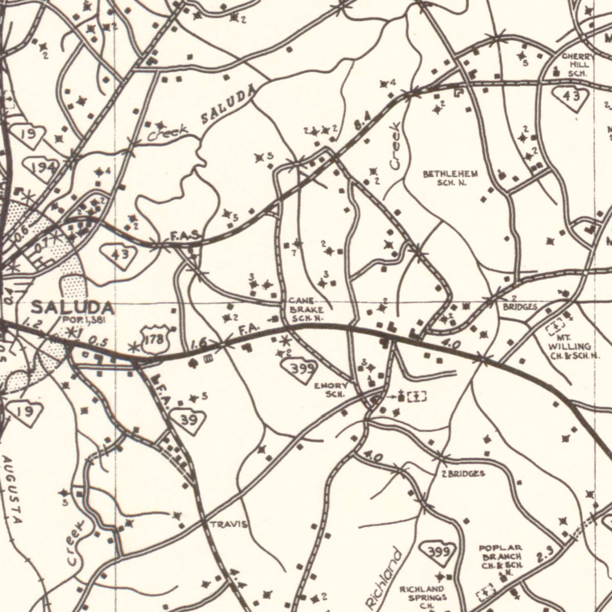Restored historic details from the 1939 county map of Saluda County, South Carolina