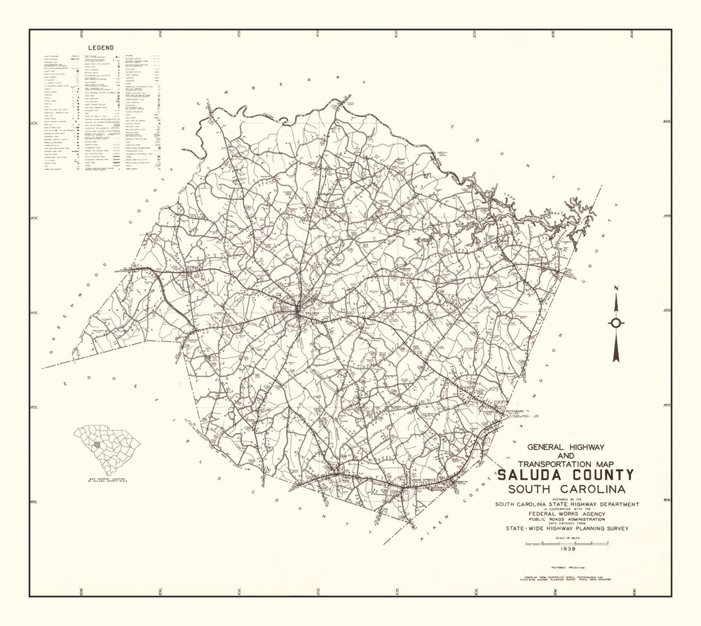 Vintage Map of Saluda County, South Carolina 1939 print style example