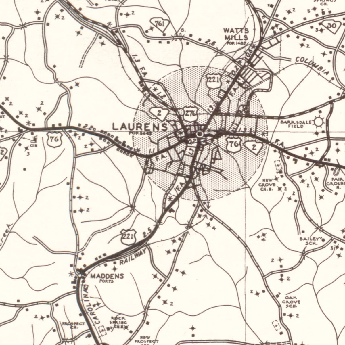Restored historic details from the 1939 county map of Laurens County, South Carolina