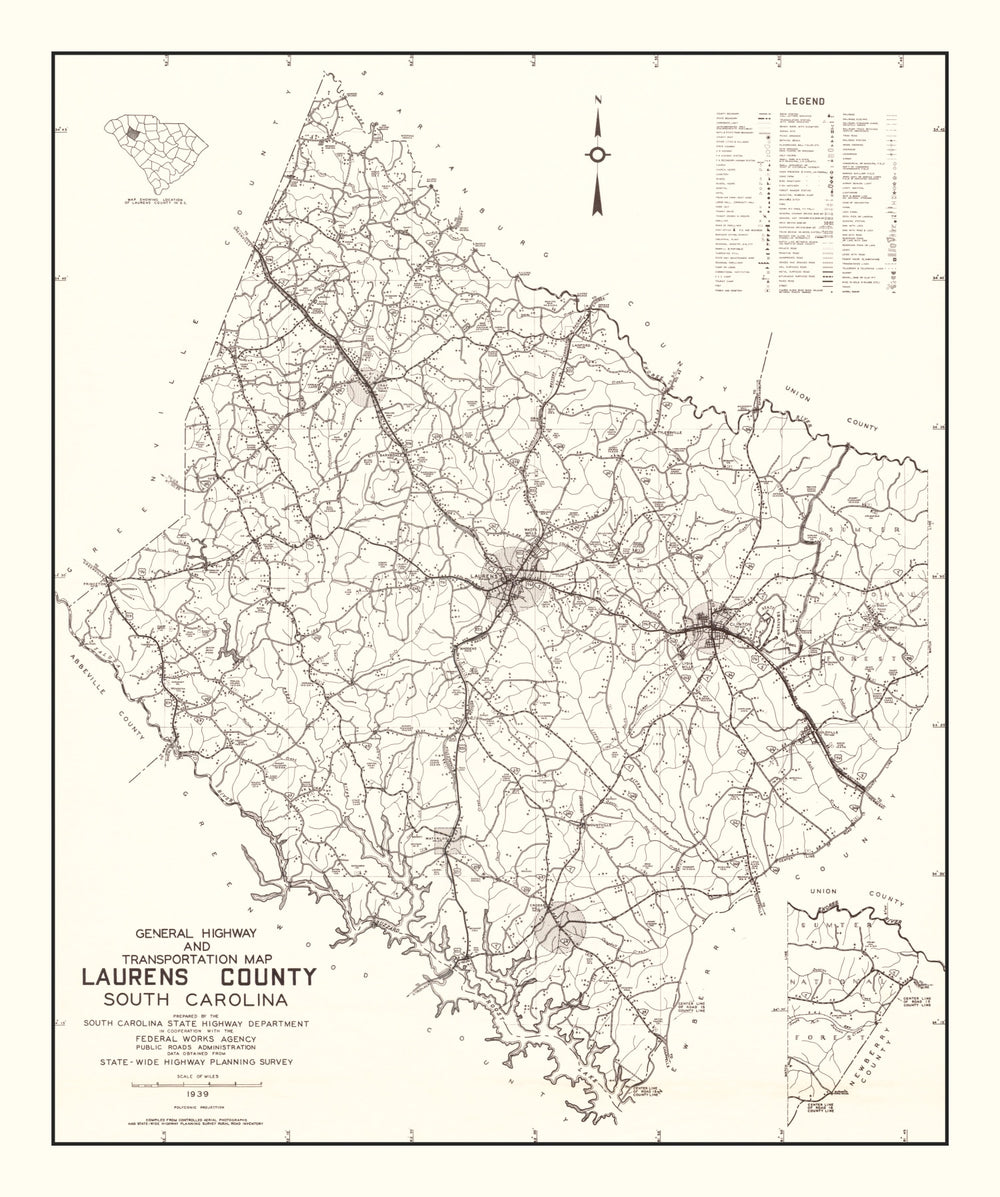 Vintage Map of Laurens County, South Carolina 1939 print style example