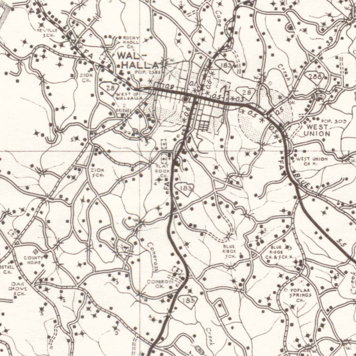 Restored historic details from the 1939 county map of Oconee County, South Carolina