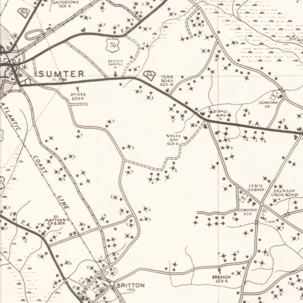 Restored historic details from the 1939 county map of Sumter County, South Carolina