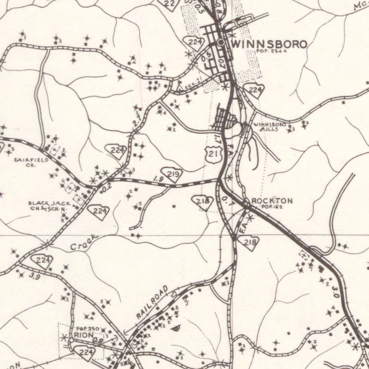 Restored historic details from the 1939 county map of Fairfield County, South Carolina