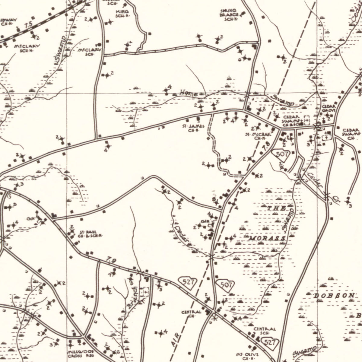 Restored historic details from the 1939 county map of Williamsburg County, South Carolina