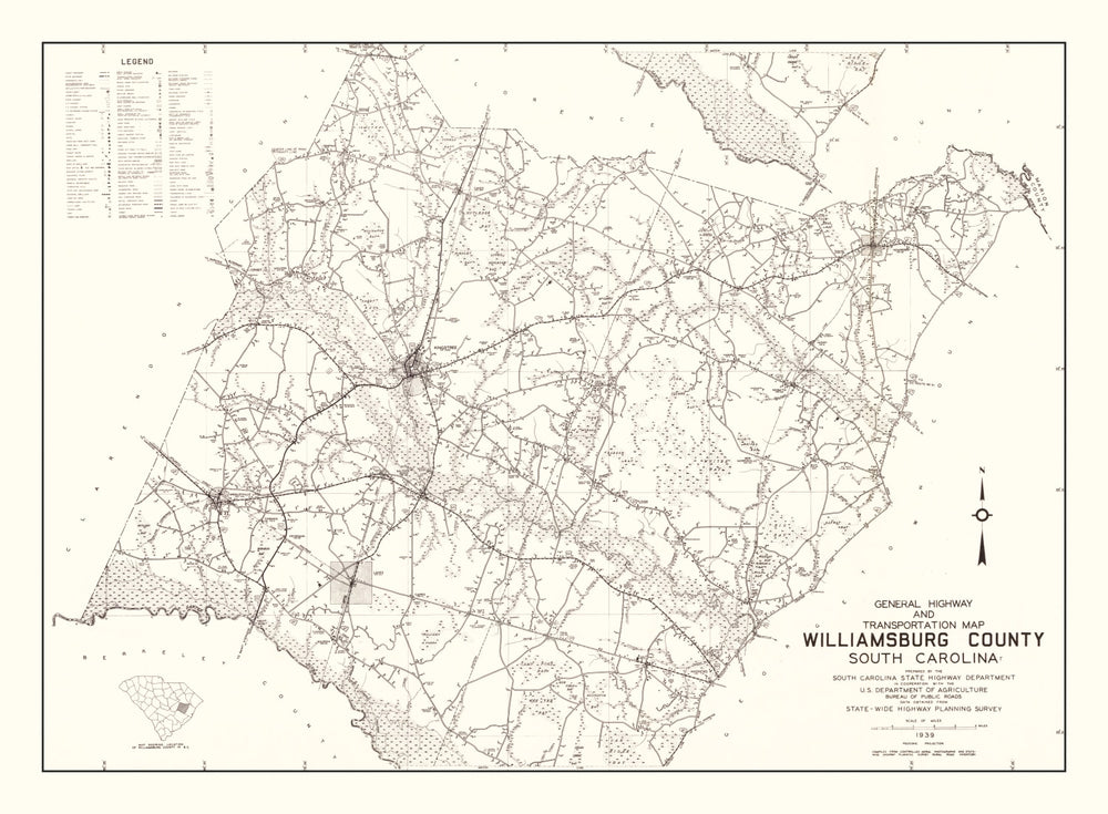 Vintage Map of Williamsburg County, South Carolina 1939 print style example