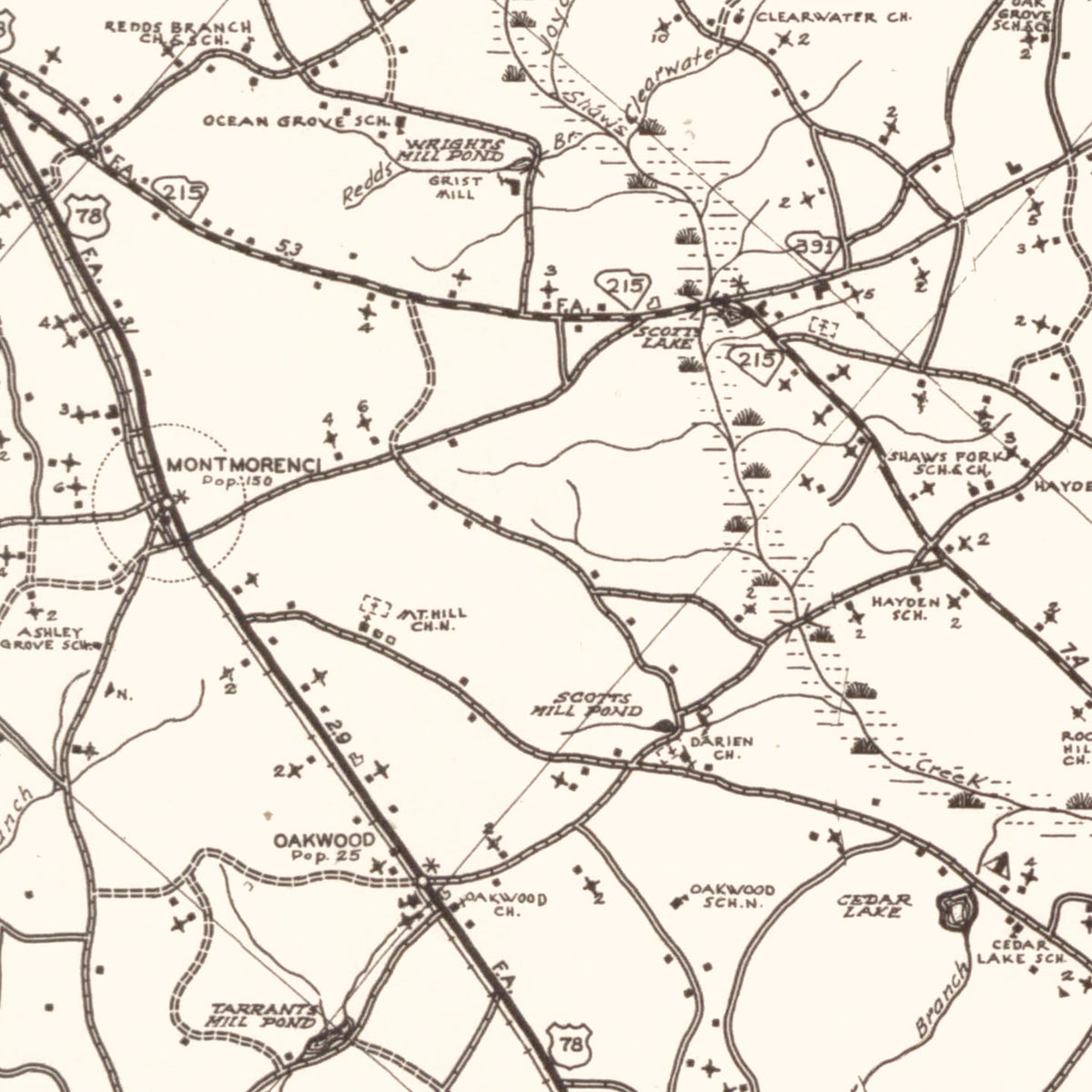 Restored historic details from the 1939 county map of Aiken County, South Carolina