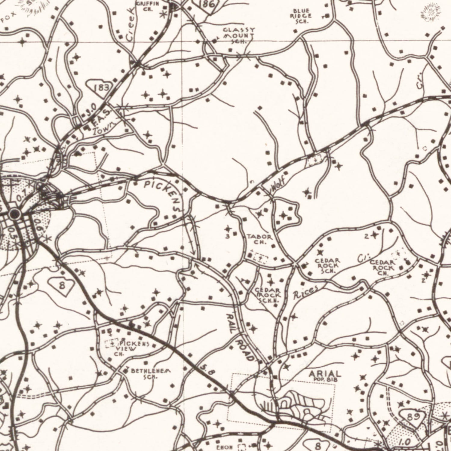 Restored historic details from the 1939 county map of Pickens County, South Carolina