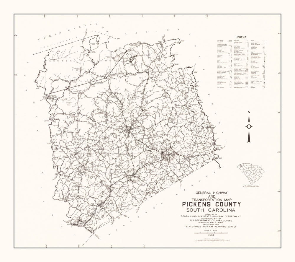 Vintage Map of Pickens County, South Carolina 1939 print style example