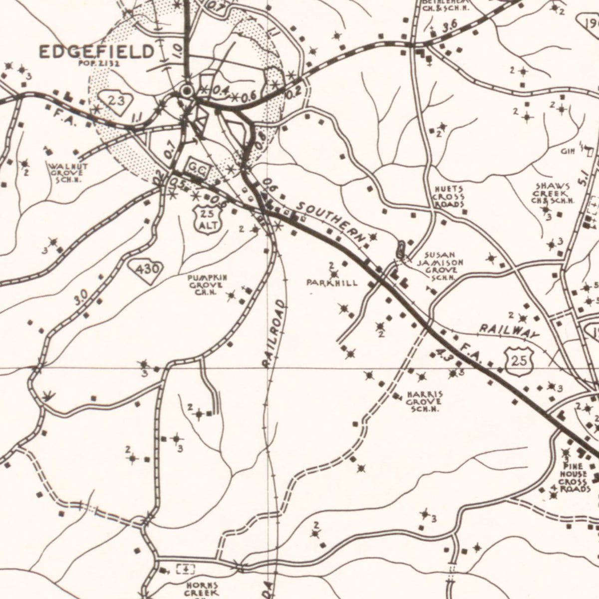 Restored historic details from the 1939 county map of Edgefield County, South Carolina