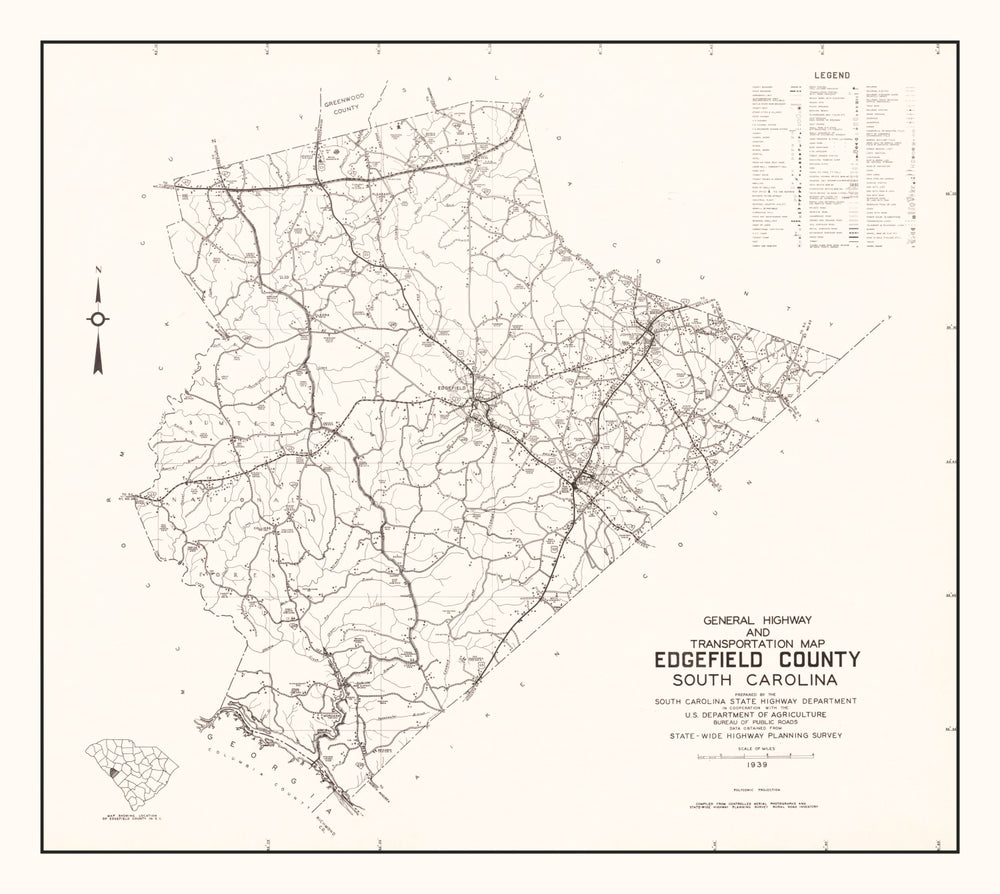 Vintage Map of Edgefield County, South Carolina 1939 print style example