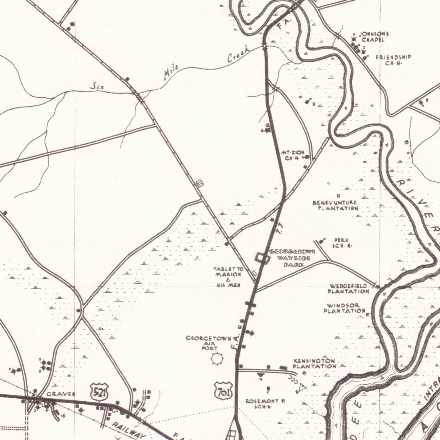 Restored historic details from the 1939 county map of Georgetown County, South Carolina