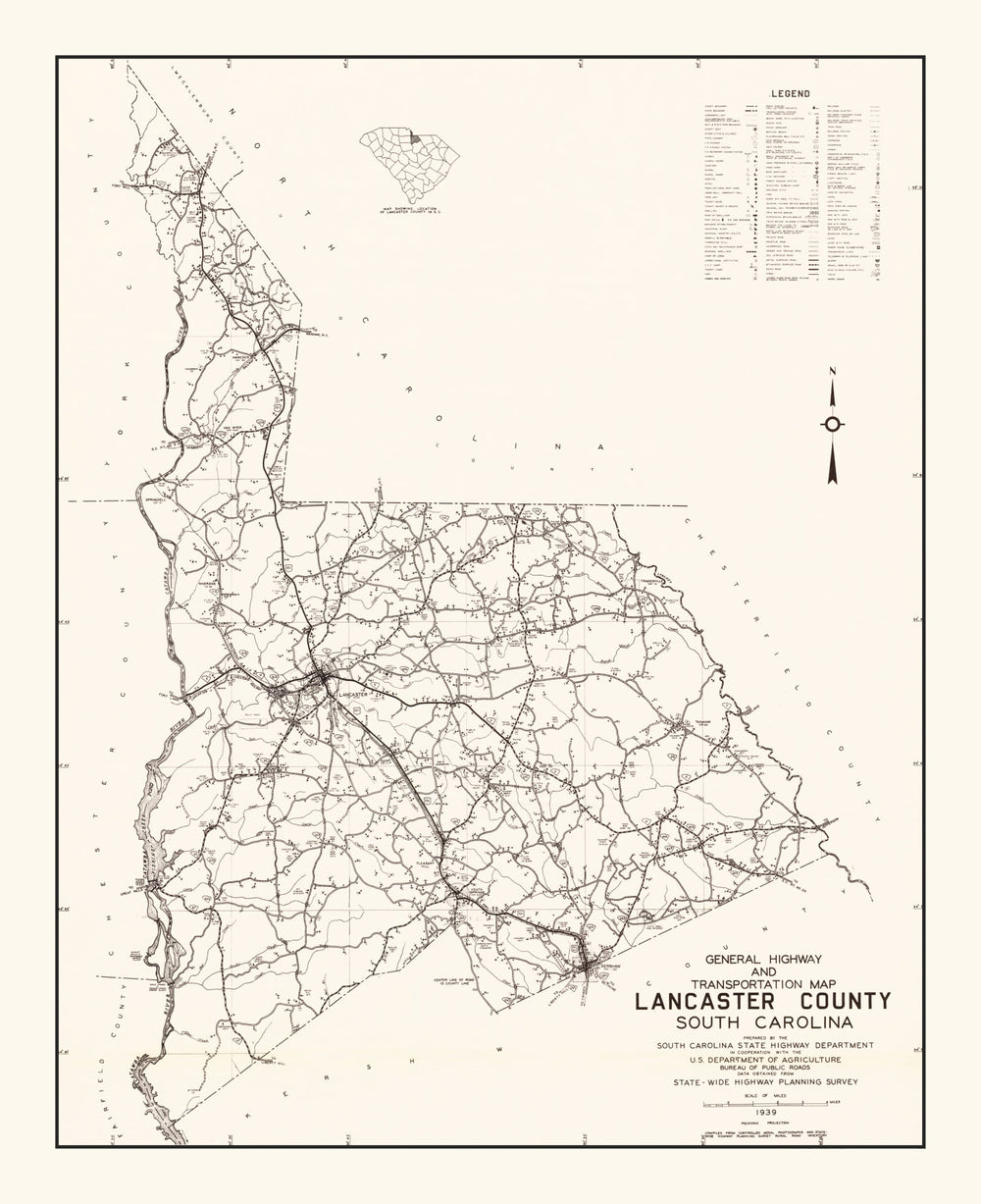 Vintage Map of Lancaster County, South Carolina 1939 print style example