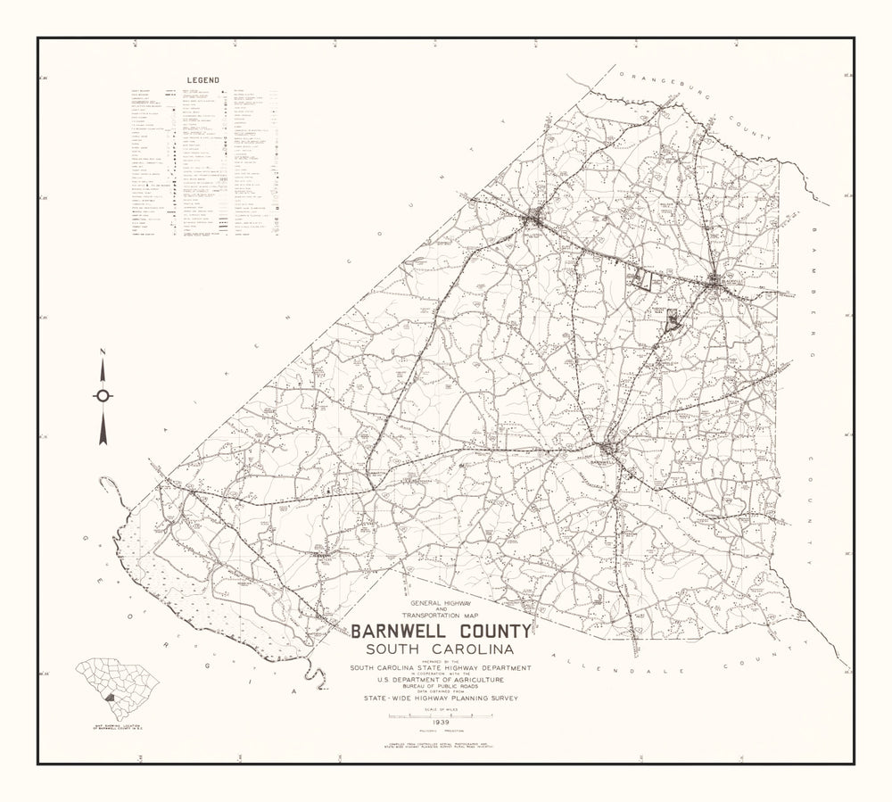 Vintage Map of Barnwell County, South Carolina 1939 print style example