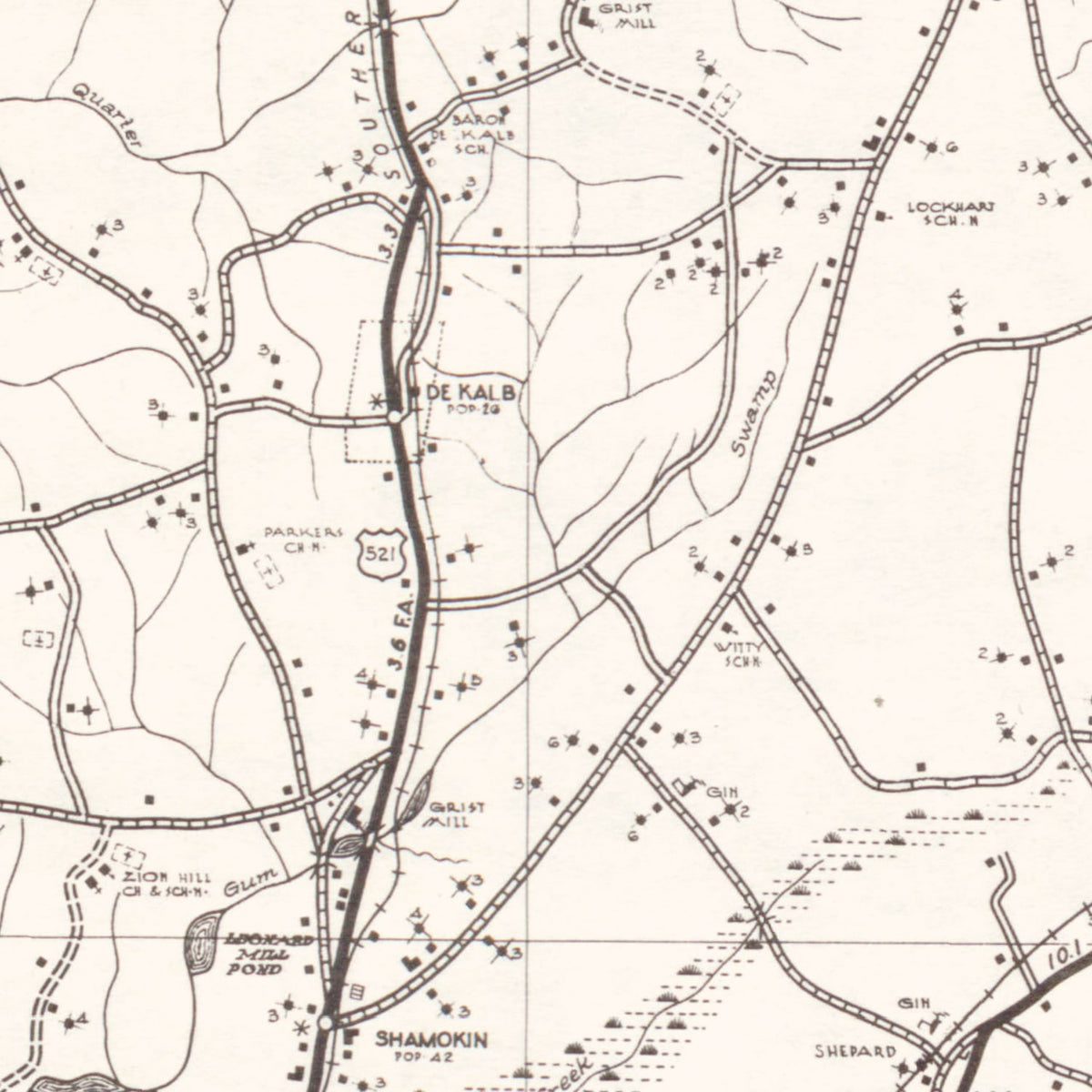 Restored historic details from the 1938 county map of Kershaw County, South Carolina