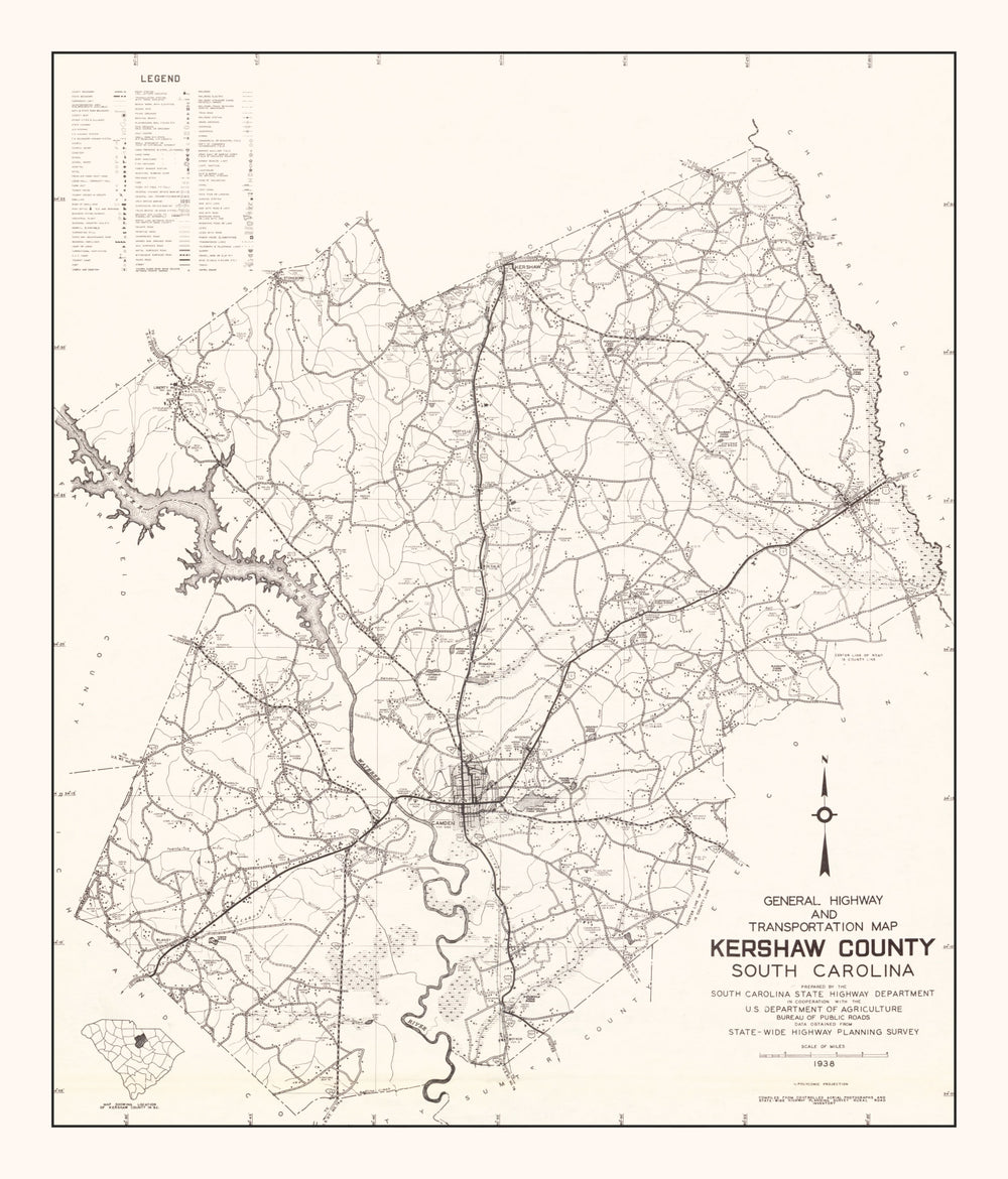 Vintage Map of Kershaw County, South Carolina 1938 print style example