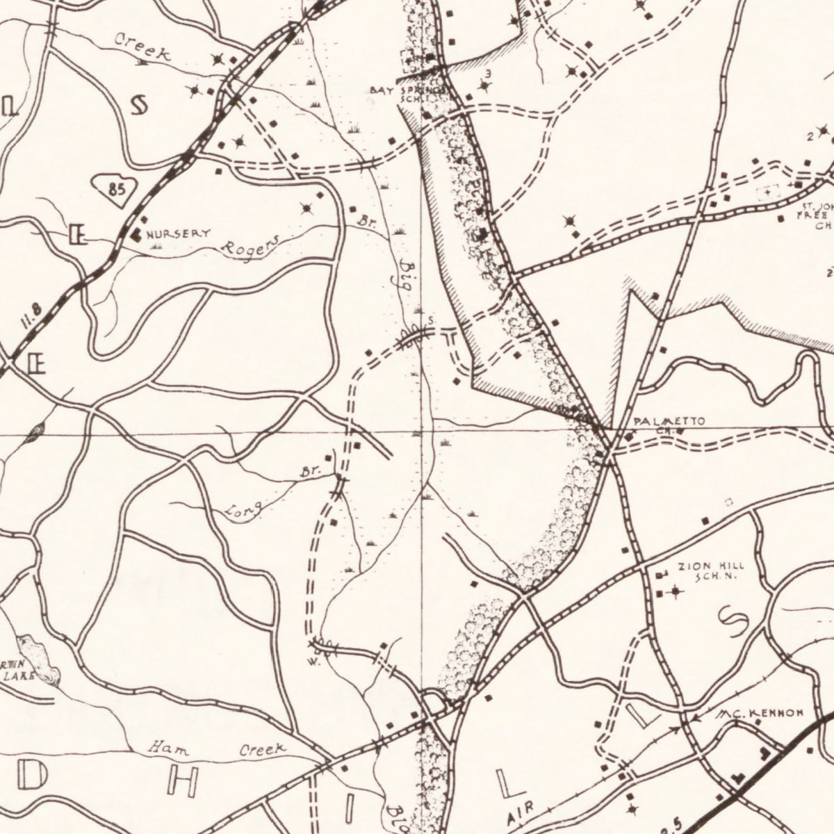 Restored historic details from the 1938 county map of Chesterfield County, South Carolina