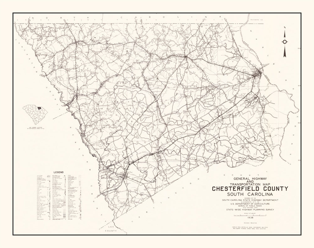 Vintage Map of Chesterfield County, South Carolina 1938 print style example