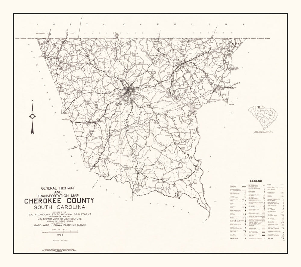 Vintage Map of Cherokee County, South Carolina 1938 print style example