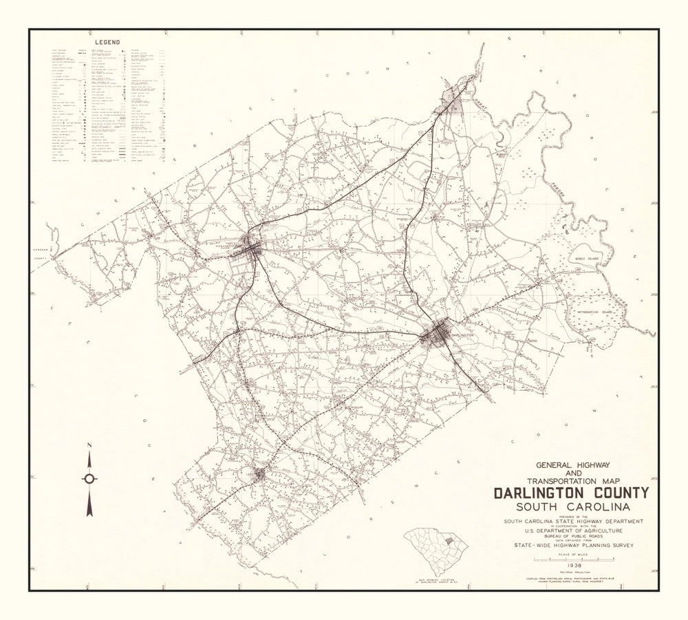 Vintage Map of Darlington County, South Carolina 1938 print style example