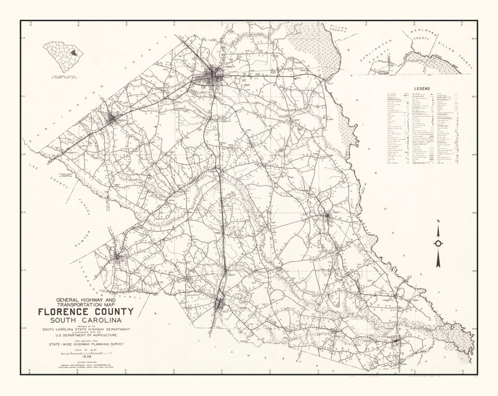 Vintage Map of Florence County, South Carolina 1938 print style example