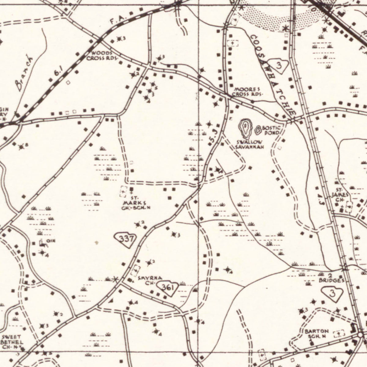 Restored historic details from the 1938 county map of Allendale County, South Carolina