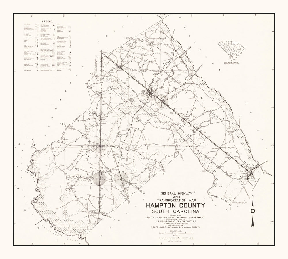 Vintage Map of Hampton County, South Carolina 1938 print style example