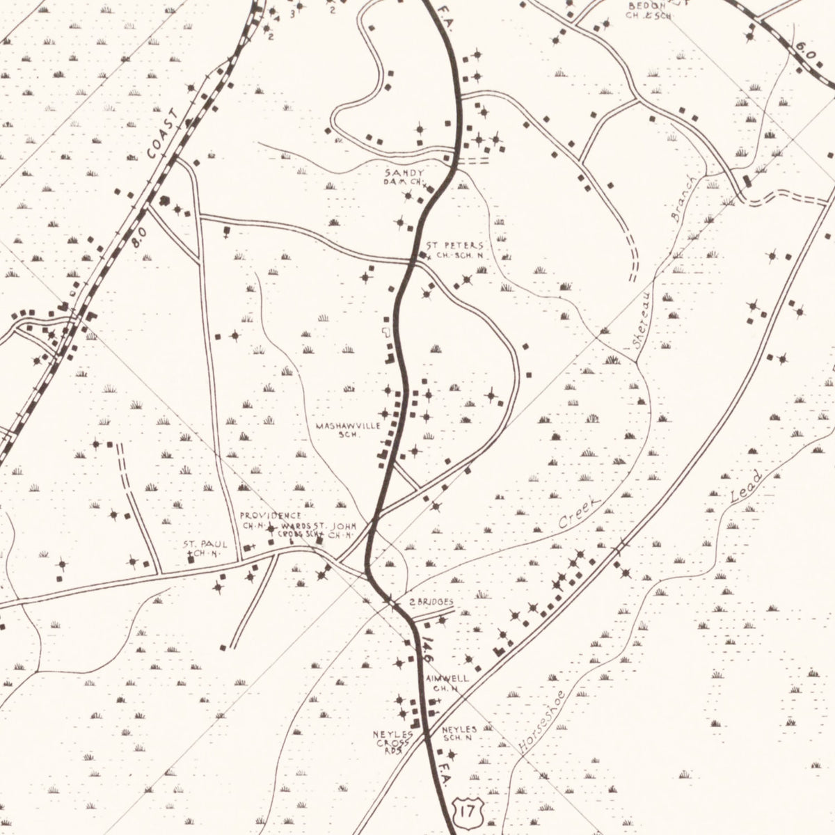 Restored historic details from the 1938 county map of Colleton County, South Carolina