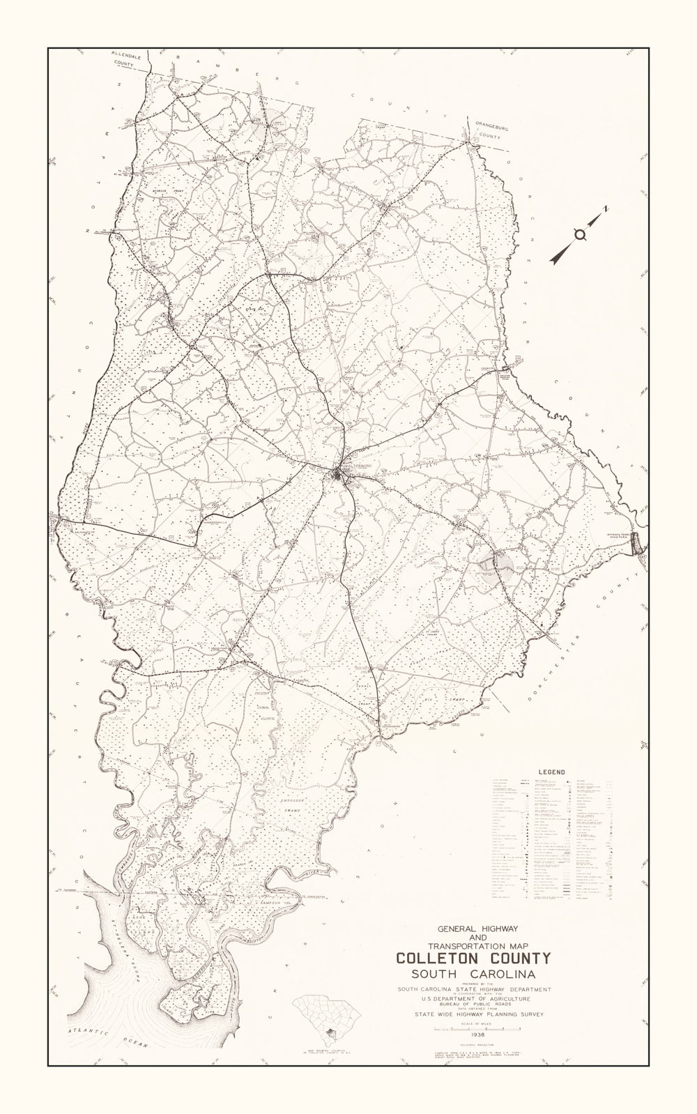 Vintage Map of Colleton County, South Carolina 1938 print style example
