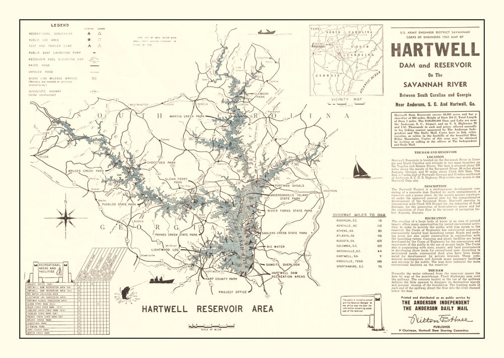 Vintage Hartwell Dam & Reservoir Map 1964 print style example