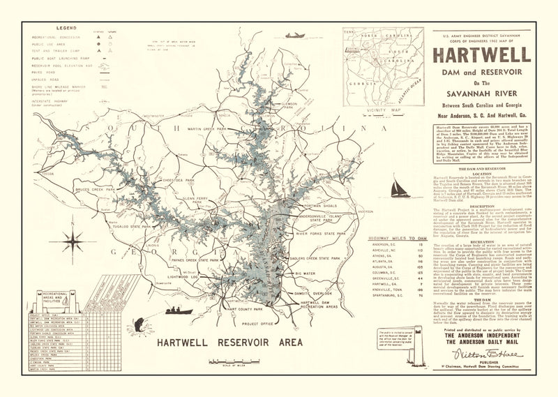 Size comparison using Vintage Hartwell Dam & Reservoir Map 1964