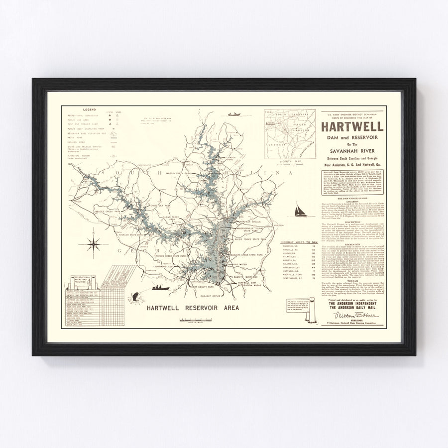 Vintage Hartwell Dam & Reservoir Map 1964