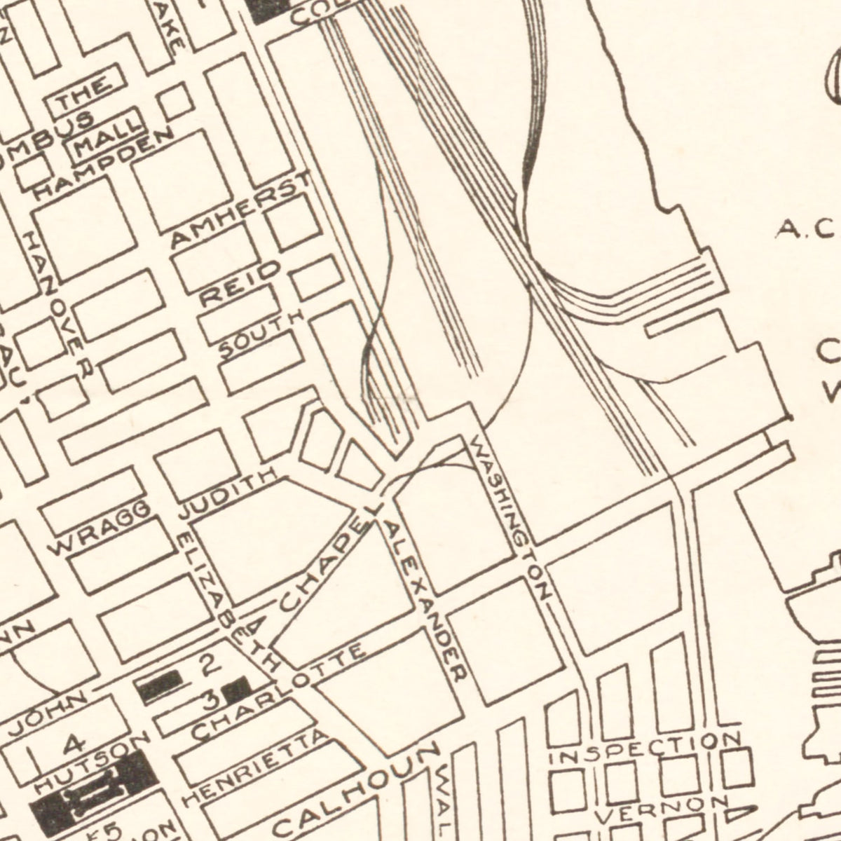 Restored historic details from the 1946 city map of Charleston, South Carolina
