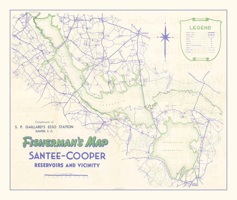 Size comparison using Vintage Fishermans Map of Santee Cooper Reservoir 1944