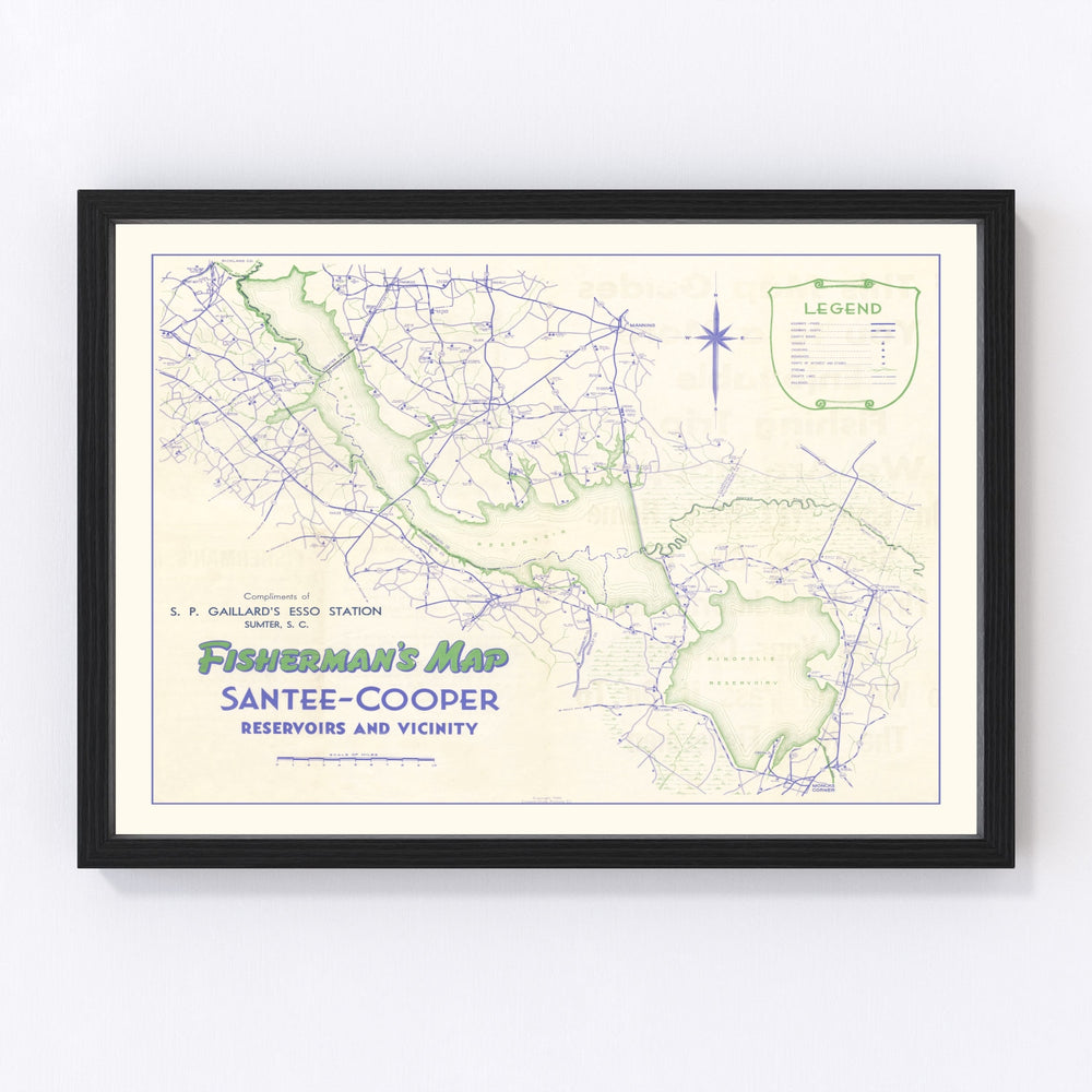 Fishermans Santee Cooper Reservoir Vintage Map 1944
