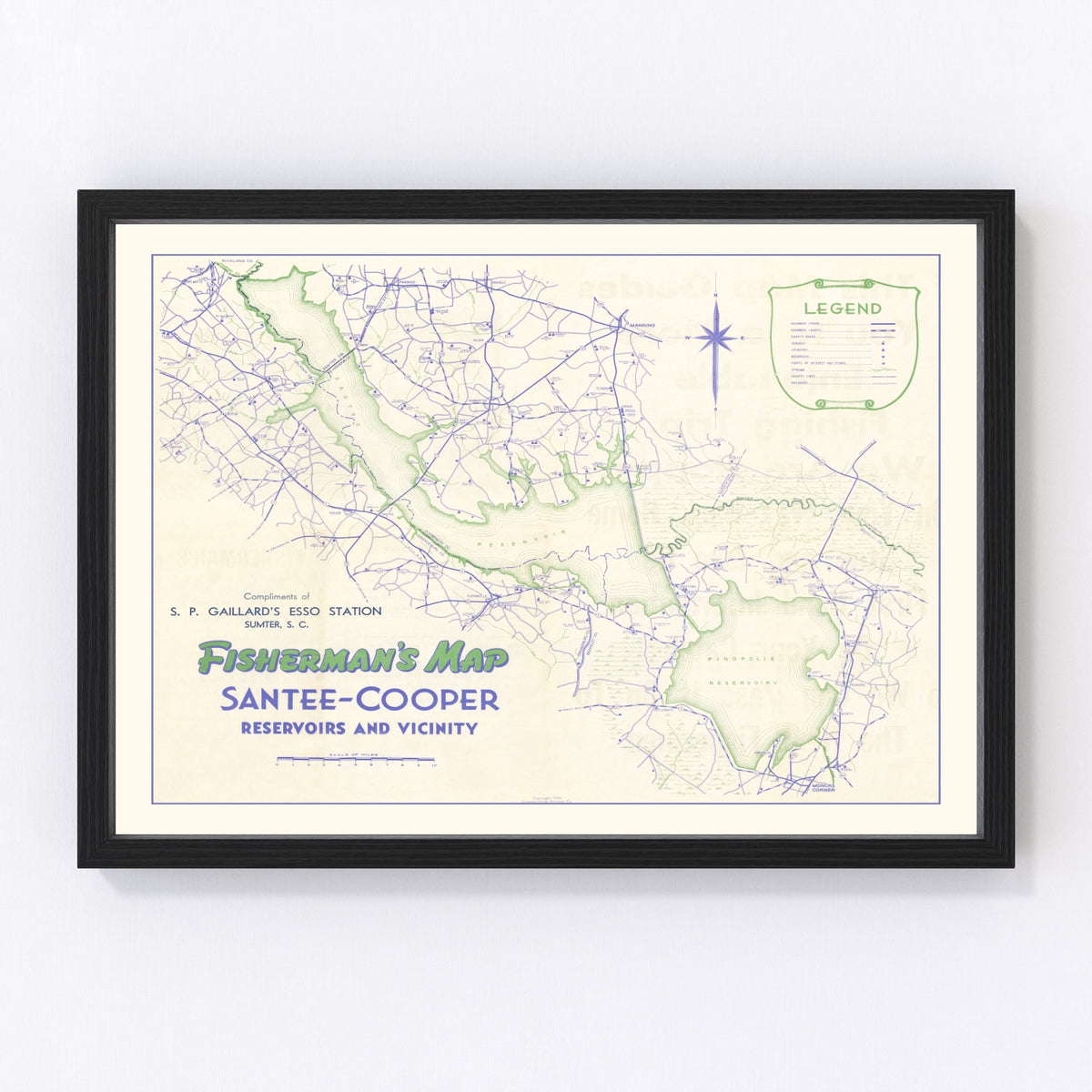 Fishermans Santee Cooper Reservoir Vintage Map 1944