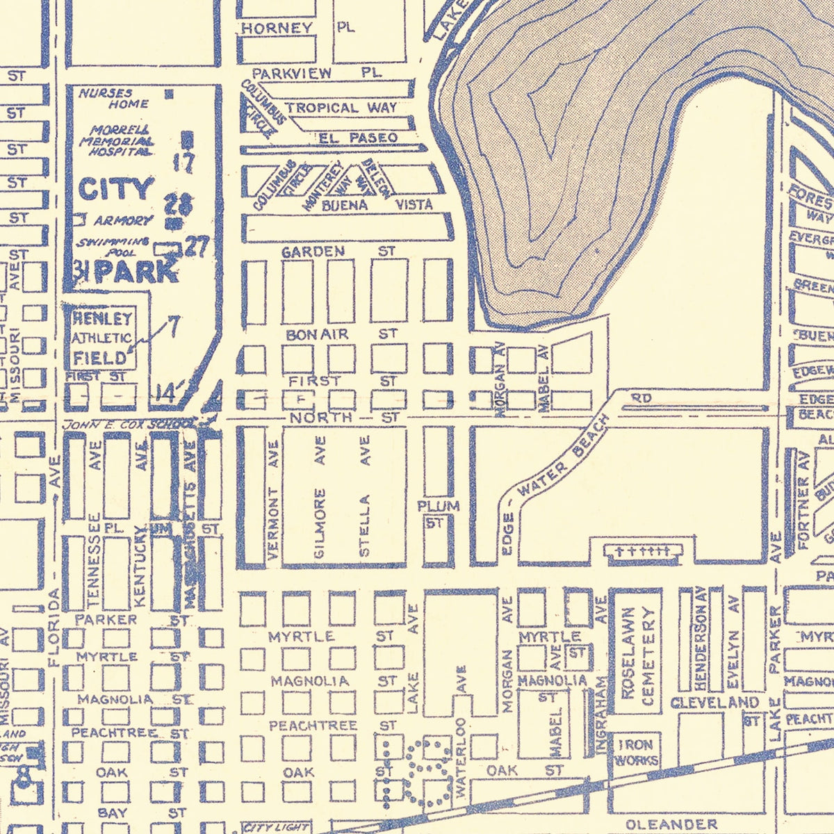 Restored historic details from the 1930 city map of Lakeland, Florida