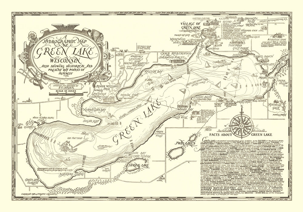Vintage Green Lake, WI Map 1945 print style example