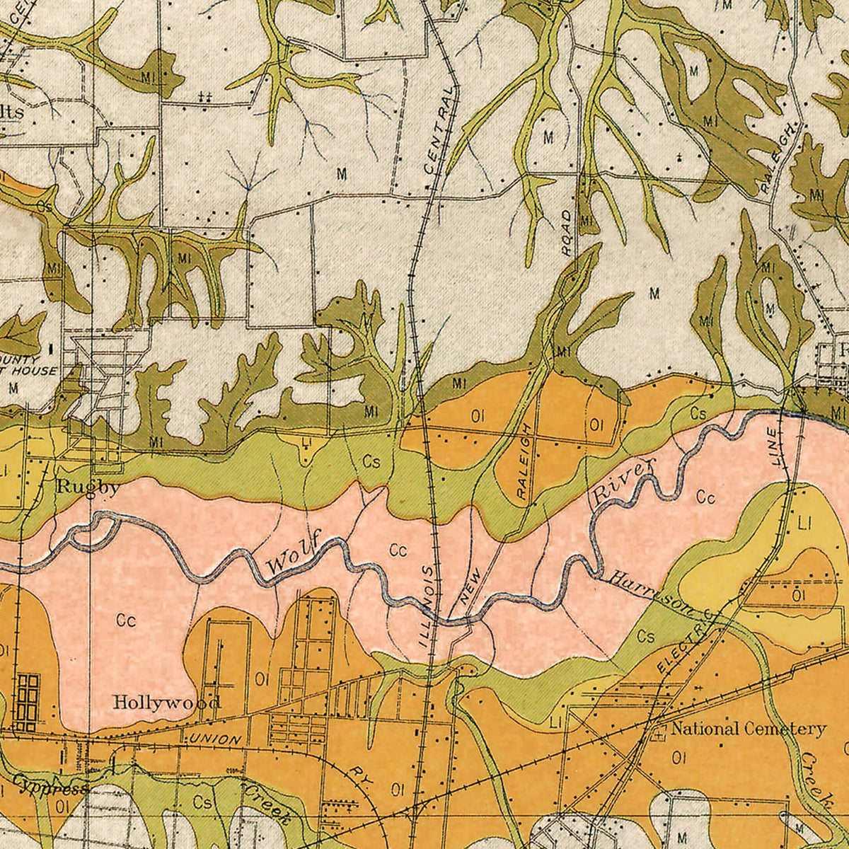 Restored historic details from the 1916 county map of Shelby County, Tennessee