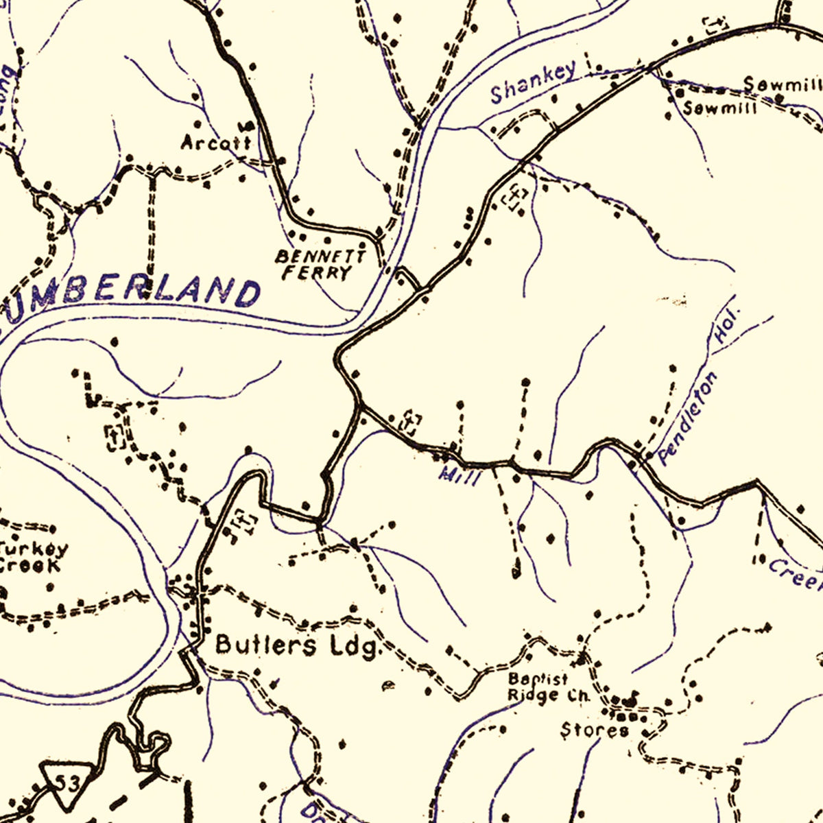 Restored historic details from the 1938 county map of Clay County, Tennessee