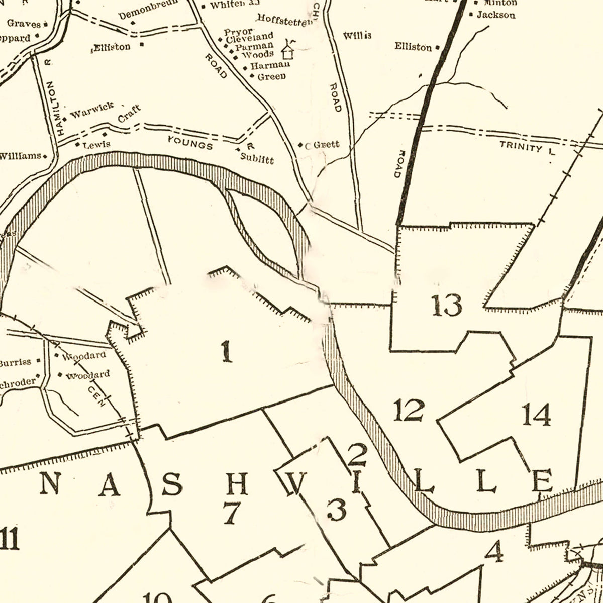 Restored historic details from the 1920 county map of Davidson County, Tennessee