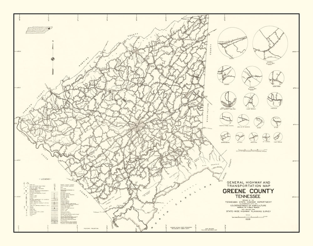 Vintage Map of Greene County, Tennessee 1938 print style example